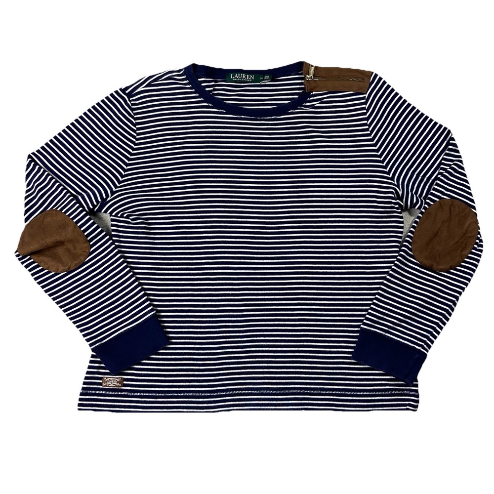 Lauren Ralph Lauren Cotton Long Sleeve Striped Tee Elbow Patches Navy Womens XL